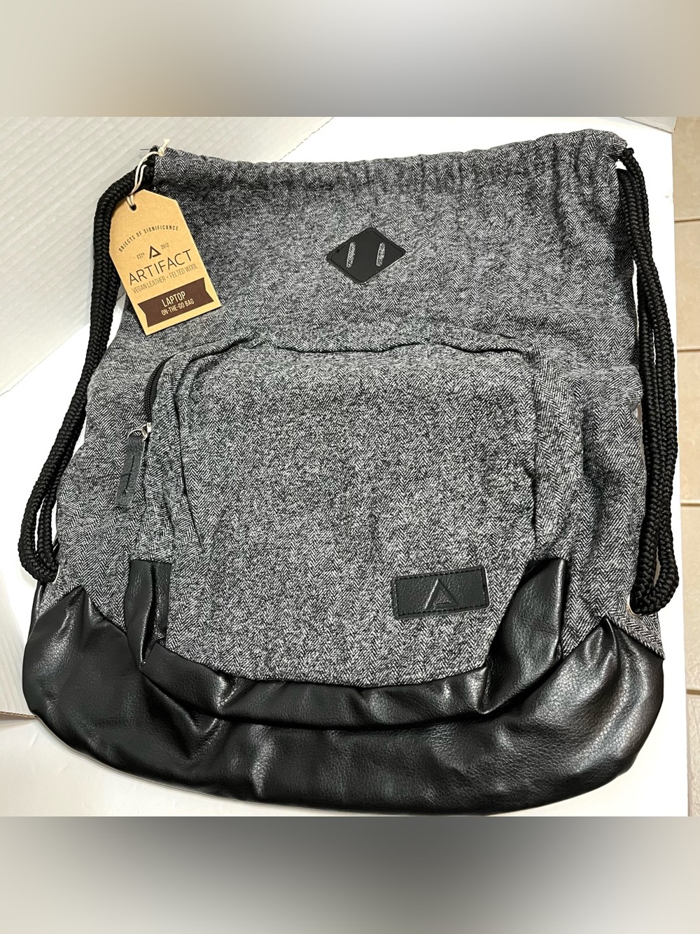 Artifact Laptop On The Go Bag Grey Herringbone Felted Wool Drawstring Backpack